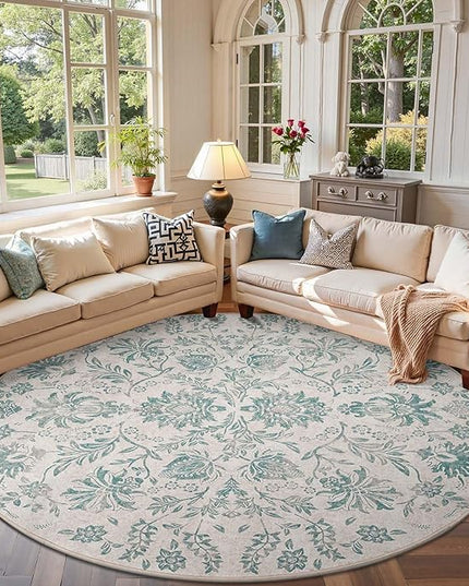 jinchan Torino Classic Floral Round Rug 7ft Vintage-Inspired Design 7’Circle Rug Machine Washable Ultra-Thin Low-Pile Non-Slip Indoor Carpet for Bedroom Dining Room Living Room