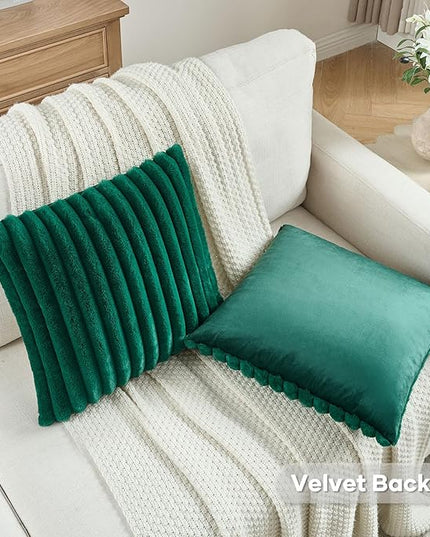 FUTEI Emerald Green Throw Pillow Covers Set of 2, 12x20 Inch Striped Texture Lumbar Pillow Cases with Soft Faux Rabbit Fur Front & Velvet Back, Modern Decorative Couch Pillows for Living Room