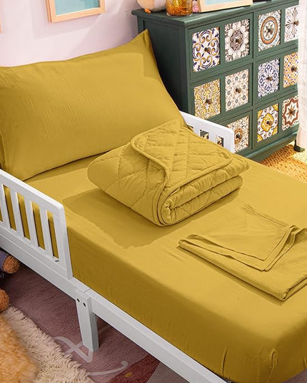 NTBAY Toddler Bedding Set - 4 Piece Soft and Breathable Crib Bedding Set for Boys and Girls, Includes Quilted Comforter, Fitted Sheet, Flat Top Sheet and Envelope Pillowcase, Yellow