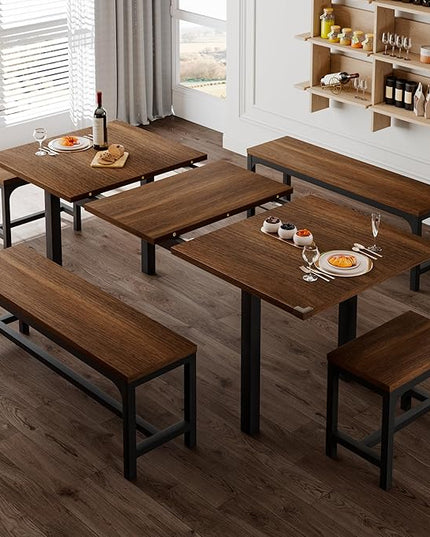 Feonase 5-Piece Dining Table Set for 4-8 People, 63" Extendable Kitchen Table with 2 Benches and 2 Square Stools, Mid-Century Modern Wooden Dining Room Table, Space-Saving, Walnut
