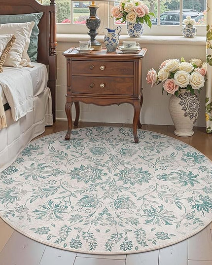 jinchan Torino Classic Floral Round Rug 6ft Vintage-Inspired Design 6’Circle Rug Machine Washable Ultra-Thin Low-Pile Non-Slip Indoor Carpet for Bedroom Dining Room Living Room Entryway