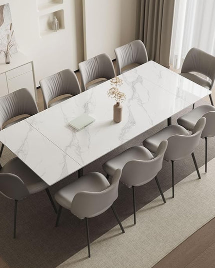 Extendable Dining Table (62.9" to 94.4") for 6 to 10 - Modern Rectangular Sintered Stone Table with High Hardness and Easy Maintenance - Stylish White