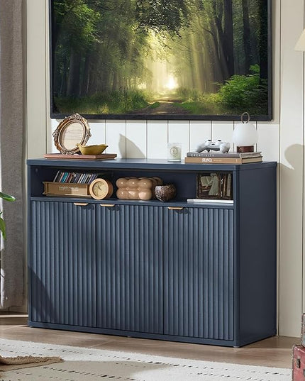 LEYAOYAO Fluted Buffet Cabinet with Storage, 45" Wide Wood Sideboard Credenza with 3 Doors & Open Storage Shelf, Modern Kitchen Console Accent Cabinets, Coffee Bar Table for Dining Room, Dark Blue