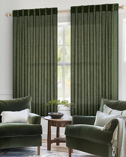 MIULEE Olive Green Short Linen Curtains 45 Inch Length 2 Panels for Kitchen Bedroom Bathroom, Soft Thick Linen Textured Basement Window Drapes Semi Sheer Light Filtering Back Tab Burlap Look Decor