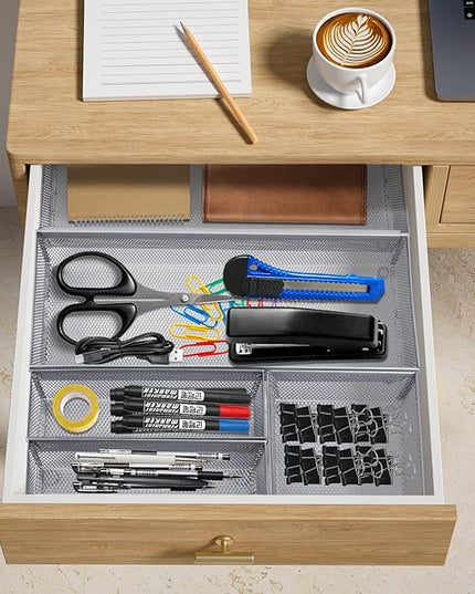 Neudeco Silverware Drawer Organizer,Utensil Organizer for Kitchen Drawer Organizer for Large Utensils with Interlocking Arm, Silverware Storage Cutlery Tray for Knives Fork Spoon (Pack 5, Silver)