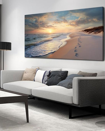 Ouzzlie Seascape Wall Art Ocean Wall Decor Blue Picture Art Print Sun Canvas Large Landscape Artwork for Living Room Bedroom Office 29" x 59"