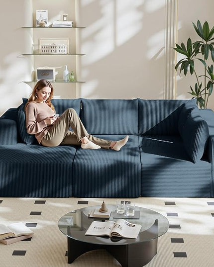 138" Boneless Couches for Living Room, Modular Cloud Couch Sofa -5 Pieces U Shap Corduroy Sectional Sofa, Fluffy Memory Foam Sleeper Sofa Furniture, No Assembly, Wide Armrest, Navy Blue