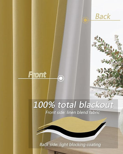Guken Yellow Blackout Curtains 72 Inch Length 2 Panels Set for Living Room Bedroom Back Tab Thermal Insulated 100% Black Out Linen Drapes Room Darkening Window Curtains 72 Inches Long
