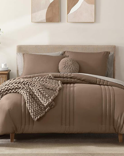 Monbix Oversized Queen Comforter Set - 7 Pieces Brown Bed in a Bag Oversized Queen Bedding Sets with Comforters, All Seasons Comforter Bed Set with Sheets, Pillowcases & Shams