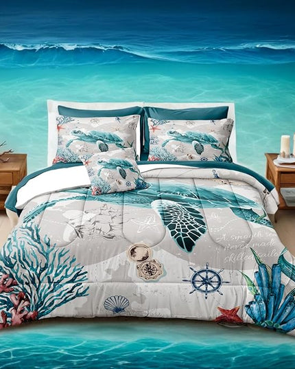 Bedbay 8 Pieces Nautical Bedding Sea Turtle Queen Comforter Set with Sheets Turquoise Comforter Retro Style Teen Girls Boys Turtle Bedding Set Ocean Themed Soft Fluffy Bed Set(Ocean,Queen)