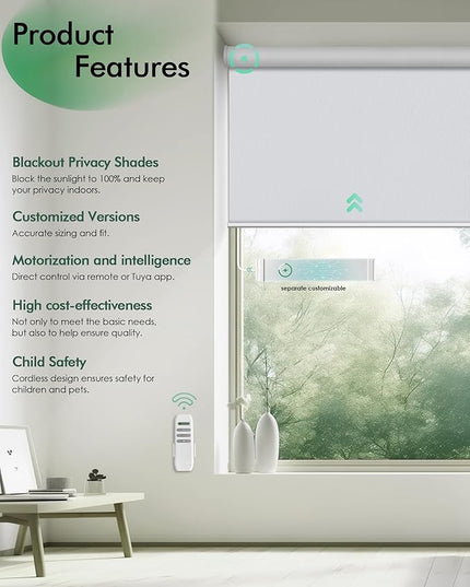 Yoolax Motorized Blinds with Remote, Blackout Remote Shades for Windows, Automatic Roller Shades Cordless Electric Blinds for Bedroom Living Room Office, Custom Size (Vinyl White)