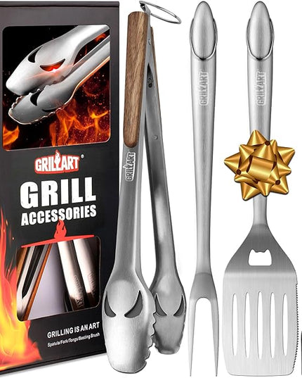 GRILLART BBQ Tools Grill Tools Set -18Inch Grilling Tools BBQ Set - Grill Accessories w/BBQ Tongs, Spatula, Fork, Brush- Stainless Grill Kit Grilling Set - Gift Ideas BBQ Accessories Gifts for Men Dad
