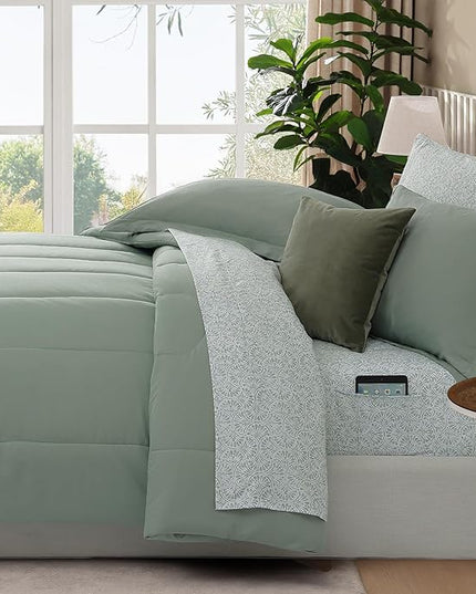 Monbix Queen Comforter Set - 7 Pieces Sage Green Bed in a Bag Queen Track Stitching Bedding Sets, All Seasons Comforter Bed Set with Sheets, Pillowcases & Shams