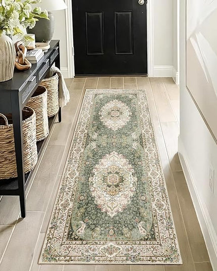 Washable Runner Rug 2x6,Green Rug Runners Non Slip,Long Boho Rugs for Hallways Kitchen Bedroom Entryway Living Room Bathroom,Vintage Bohemian Distressed Floor Carpet,Floral