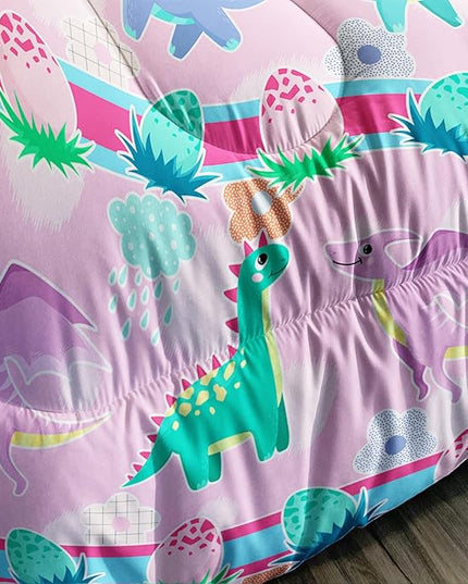 Kawaii Dinosaur Pink Comforter Set,Cartoon Cute Dino 3 Piece Bedding Set Queen for Girl Boy,Kawaii Bedding Quilt Set Dinosaur Decor,Soft Microfiber Lightweight 1 Comforter 2 Pillowcases All Season