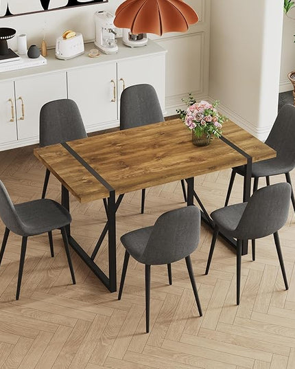 Dining Table Set for 6, Modern 55'' Dark Wood Dining Table and Fabric Dining Chairs Set of 6,Table and Chairs Set of 6,Ideal for Kitchen Dining Room
