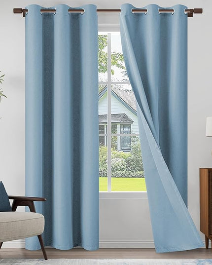 Light Weight Curtains 100% Blackout Linen Textured Curtains 96 Inch Length for Living Room, Bedroom, Full Blackout Curtains with Grommets Top, Light Blue, 37" W x 96" L, 2 Panels