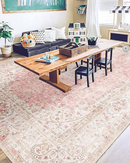 9x12 Area Rugs Washable,Pink Rug for Living Room Bedroom Dining Room,Large Boho Vintage Bohemian Distressed Carpet Non Slip,Blush