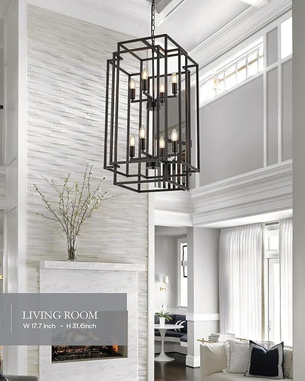 8-Light Lantern Tiered Pendant Light Fixtures, Black Metal Farmhouse Chandelier Hall Foyer Hanging Chandelier for Kitchen Island Dining Room Living Room Foyer Entryway, Black