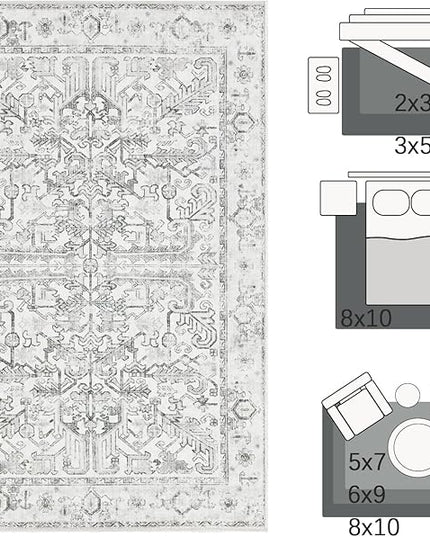 jinchan Lima 8x10 Area Rug for Living Room Washable Soft Throw Rug Ultra-Thin Stain Resistant Non-Slip Distressed Vintage Floral Large Carpet for Bedroom Dining Room Home Office Nursery (8x10ft, Grey)