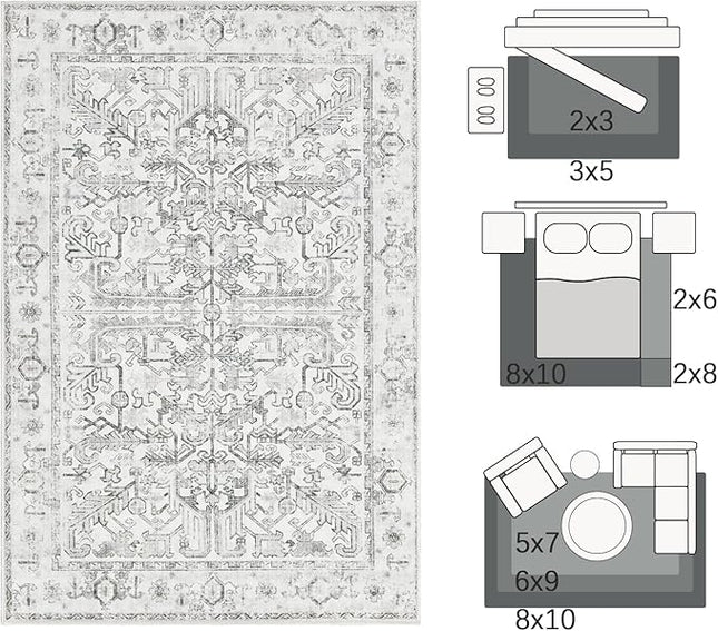 jinchan Lima 2x3 Washable Rug for Entryway - Vintage Floral Ultra-Thin Low Pile Soft Small Non Slip Distressed Indoor Door mat Accent Area Rug for Entrance Kitchen Bathroom Bedroom (2x3ft, Grey)