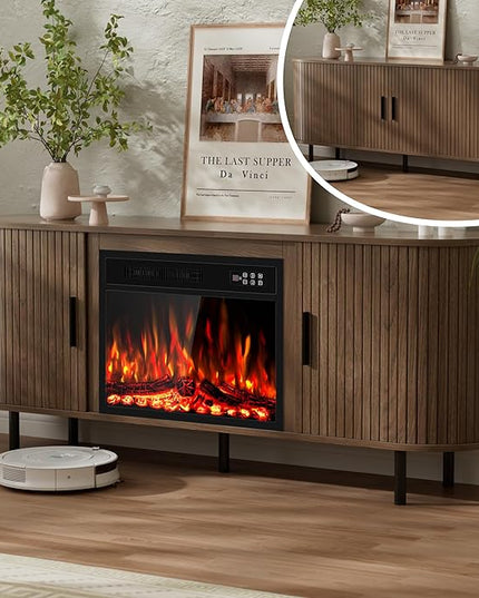 65" Fluted Fireplace TV Stand for TVs Up to 75 inches, Modern Entertainment Center with 23" Electric Fireplace, Wooden Curved TV Console with Sliding Doors for Living Room, Walnut