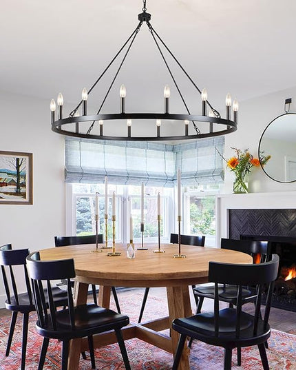 16-Lights Wagon Wheel Chandelier 47 Inch Black Chandelier Light Fixture Farmhouse Chandeliers for Living Room Foyer Chandeliers for High Ceilings Round Pendant Light for Dining Room Entryway