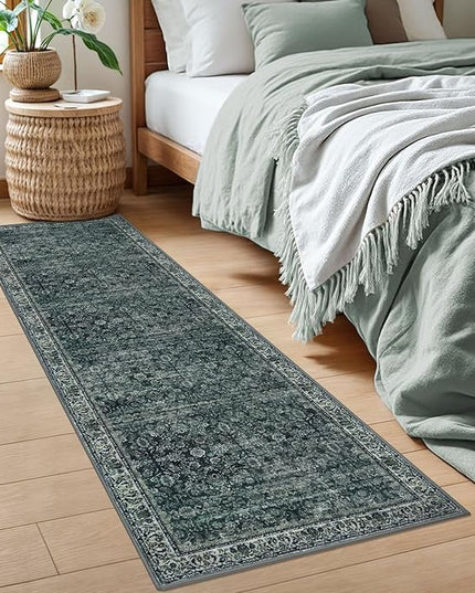 2x6 Washable Runner Rug for Hallways, Dark Green Soft Neutral Vintage Kitchen Rugs with Non-Slip, Non-Shedding Distressed Floral Rug for Bedroom Kitchen Porch Laundry Entryway