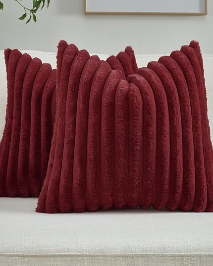 FUTEI Christmas Burgundy Throw Pillow Covers Set of 2, 20x20 Inch Striped Texture Cushion Cases with Soft Faux Rabbit Fur Front & Velvet Back, Modern Decorative Couch Pillows for Living Room