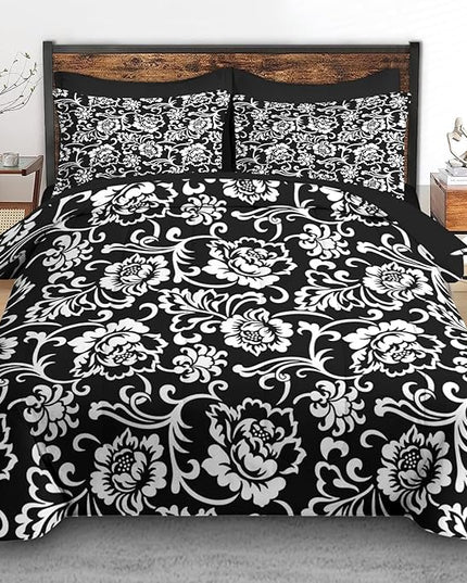 Comforter Set Full Size, Vintage Floral Flower 7 Pcs Bedding for Kids and Adults, Leaf Plant Black Bed Sheet Sets with Fitted Sheet 2 Pillowcases & 2 Shams for Bedroom Bed Decor