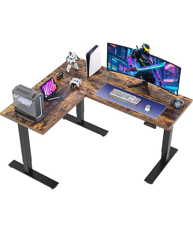 SANODESK L Shaped Standing Desk Adjustable Height, Electric Corner Standing Desk, 63 x 55 inch Sit Stand Computer Table with Splice Board, Rustic Brown