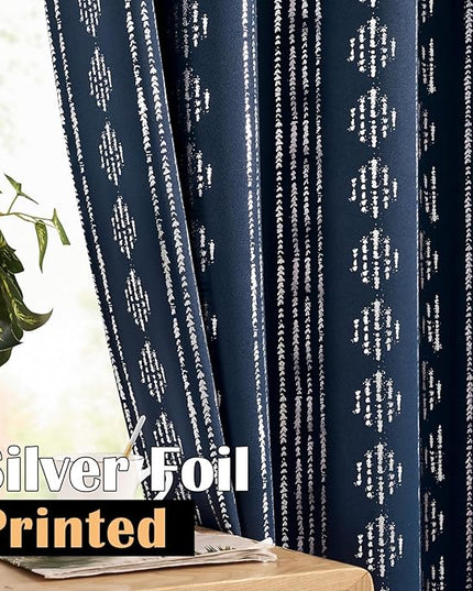 jinchan 95% Blackout Boho Curtains 84 Inches Long for Bedroom Living Room Festive Silver Geometric Foil Printed Curtain Grommet Top Room Darkening Drapes Off White 52 x 84 2 Panels