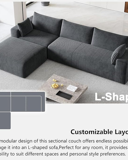 108”Modern Modular L-Shape Couch with Chaise, Modular Sectional Couches for Living Room, Deep Seat Boneless Sofa Bed, No Assembly Required Sleeper Sofa, Plush Corduroy Fabric, Dark Gray