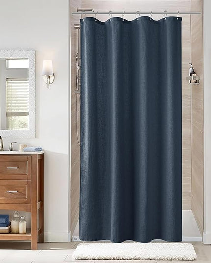Naturoom Denim Blue 48 Inch Shower Curtain - Stall Narrow Half Linen Ultra Thick Fabric Shower Curtain Set with Hooks, Boho Farmhouse Rustic RV Camper Bath Curtains for Bathroom, 48x72