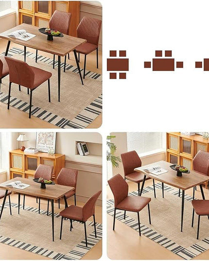 Dining Table Set for 4, Modern Wood Irregular Rectangle Dining Table,Leather Dining Chairs 4,Table and Chairs Set of 4 for Kitchen Dining Room, Brown