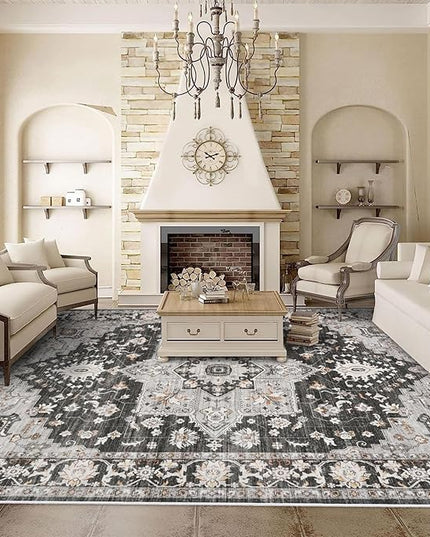 Washable Oriental Area Rug - 9x12 Rugs for Living Room Soft Carpet for Bedroom Waterproof Floral Distressed Indoor Stain Resistant Non-Shedding Floor Carpets (Black, 9x12)