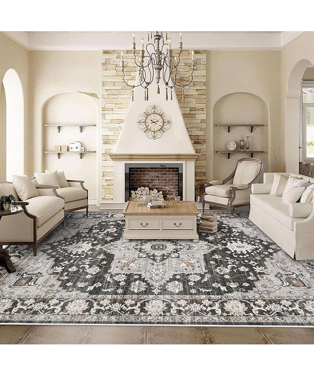 Washable Oriental Area Rug - 9x12 Rugs for Living Room Soft Carpet for Bedroom Waterproof Floral Distressed Indoor Stain Resistant Non-Shedding Floor Carpets (Black, 9x12)