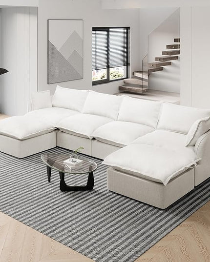 Cloud Sectional Sofa,146.4" Oversize Deep Seat Modular Couch,U Shape Down Fill Sectional Sofa, Detachable Couch Cushion Covers, 6 Seater Corner Sofa with Ottoman for Living Room, Cream White