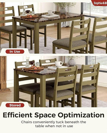 Sophia & William 5 Piece Dining Table Set for 4, Faux Marble Kitchen Table and Chairs Set, Solid Wood Farmhouse Dinner Table Set,Emperador Dark Marble & Olive