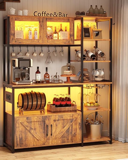 Itaar Bakers Rack with Power Outlet and LED Light, 45.3 Inch Farmhouse Coffee Bar Cabinet, Kitchen Microwave Stand with Storage, Glass Cabinet, Goblet Holder and 8 Hooks (Rustic Brown)
