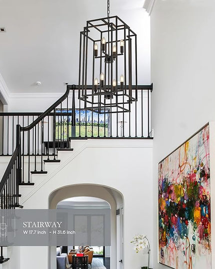 8-Light Lantern Tiered Pendant Light Fixtures, Black Metal Farmhouse Chandelier Hall Foyer Hanging Chandelier for Kitchen Island Dining Room Living Room Foyer Entryway, Black