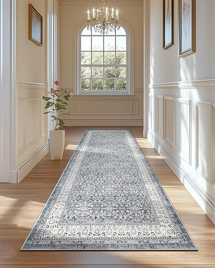 jinchan Hallway Runner Rug 2x10 - Machine Washable Grey Vintage Floral Distressed Design Soft Non-Slip Low-Pile Ultra-Thin Runner Rug for Kitchen Laundry Room Bedroom Farmhouse (2‘x10', Grey)