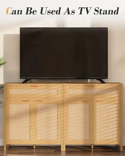 YOUDENOVA 60.3" Sideboard Buffet Cabinet, Rattan Storage Cabinet with 4 Doors & 2 Drawers, Boho Kitchen Cupboard Console with Adjustable Shelves for Dining Room, Living Room, Natural Oak