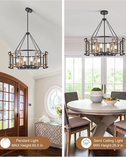 6-Light Drum Chandelier for Dining Room，23.6" Rustic Farmhouse Dining Room Light Fixture，Wood Grain and Vintage Black Metal Chandeliers for Kitchen Entryway Living Room