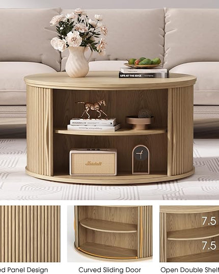 Round Coffee Table with Storage, 31.5" Drum Coffee Table with Lifting Top, Small Fluted Accent Center Table for Living Room, Oak