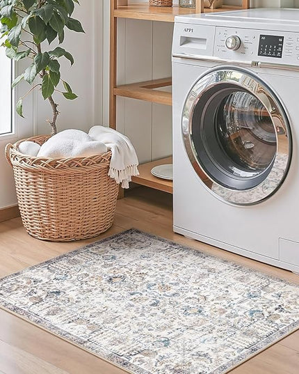 jinchan Kalen Runner Rug 2x5 Washable Hallway Rug Vintage Runner Indoor Floor Cover Thin Retro Distressed Floral Country Non Slip Carpet for Entryway Bathroom Kitchen Bedroom Living Room Blue