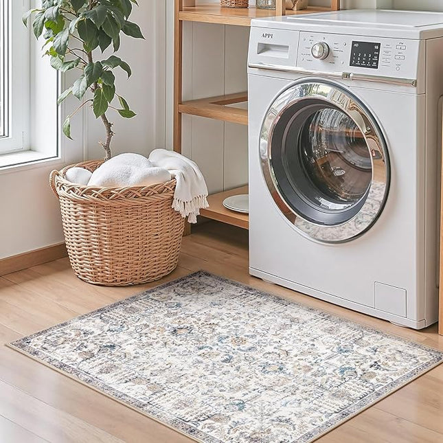 jinchan Kalen Runner Rug 2x5 Washable Hallway Rug Vintage Runner Indoor Floor Cover Thin Retro Distressed Floral Country Non Slip Carpet for Entryway Bathroom Kitchen Bedroom Living Room Blue
