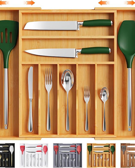 Bellsal Large Premium Bamboo Silverware Organizer - Expandable Utensil Drawer Organizer - 17"x19.6" Utensil Holder and Cutlery Tray with Grooved for Kitchen Flatware and Utensils Mother's Day Gift
