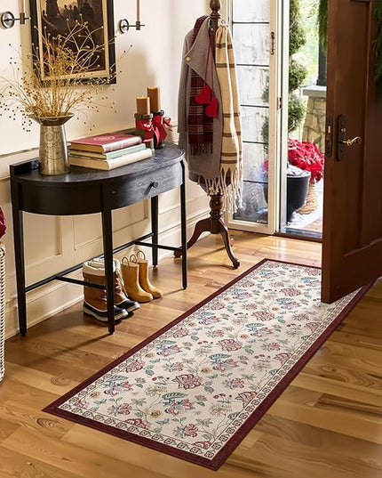 jinchan Elora 2x5 Floral Runner Rug for Hallway Washable Runner Vintage Romance Christmas Design Non Slip Thin Indoor Floor Cover Low-Profile Throw Carpet for Entryway Bathroom Bedroom, Red/Beige