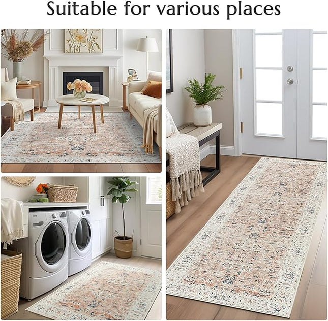 jinchan Hallway Runner Rug 3x10 - Vintage Kitchen Rug Washable Runner Floral Boho Floor Cover Lightweight Non Slip Thin Retro Distressed Carpet for Bathroom Laundry Room Bedroom Stairway Pink Blush